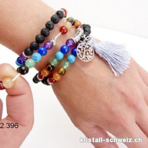 Armband Chakren und Lava, Mala elastisch mit Quaste und Baum des Lebens