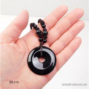 Halskette Donut Onyx schwarz 4 cm, mit Stoffschnur dunklebraun