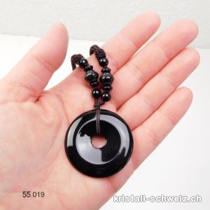 Halskette Donut Onyx schwarz 4 cm, mit Stoffschnur dunklebraun