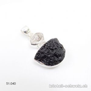 Anhänger Tektit mit Herkimer Diamant aus 925 Silber. Unikat