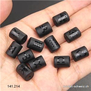 12 x Obsidian schwarz Röhren gebohrt 14 x 10 mm, 12 Sternzeichen