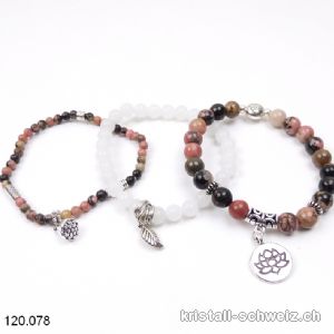 3 Armbänder BERUHIGUNG, Rhodonit u. Jade weiss. Sonderangebot