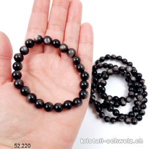 Armband Obsidian Silber 8 mm, elastisch 18,5 - 19 cm. Grösse M