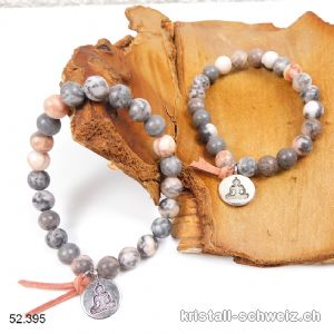 Armband Zebra Marmor grau u. rosa 8,5 mm / 18 - 19 cm. Mit Buddha Charm