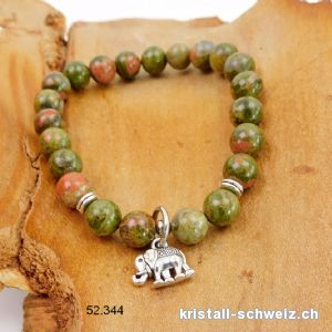 Armband Unakit - Epidot 8,5 mm / 19 cm. MIT ELEFANT. Sonderangebot