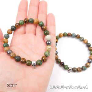 Armband SCHÄDEL Chrysokoll, Tigerauge, Bilderjaspis, Hämatit 8 mm / 21 cm