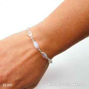 Armband Mondstein Regenbogen Navette aus 925 Silber. Verstellbar 17 - 20 cm