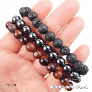 3 Armbänder VERANKERUNG und KRAFT - Tigerauge rot, Hämatit, Lava Stein