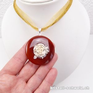 Haslkette Donut dunkle Karneol 4 cm mit ROSA Halter aus 925 Silber. Einzelstück