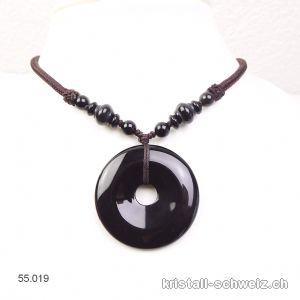 Halskette Donut Onyx schwarz 4 cm, mit Stoffschnur dunklebraun