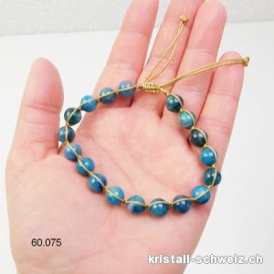 Armband Apatit blau 8 mm, mit verstellbarer goldener Satinschnur