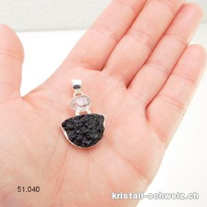 Anhänger Tektit mit Herkimer Diamant aus 925 Silber. Unikat