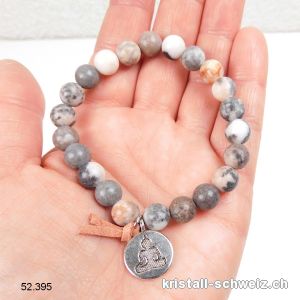 Armband Zebra Marmor grau u. rosa 8,5 mm / 18 - 19 cm. Mit Buddha Charm