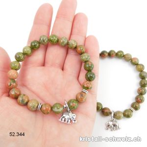 Armband Unakit - Epidot 8,5 mm / 19 cm. MIT ELEFANT. Sonderangebot