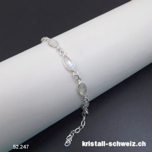 Armband Mondstein Regenbogen Navette aus 925 Silber. Verstellbar 17 - 20 cm