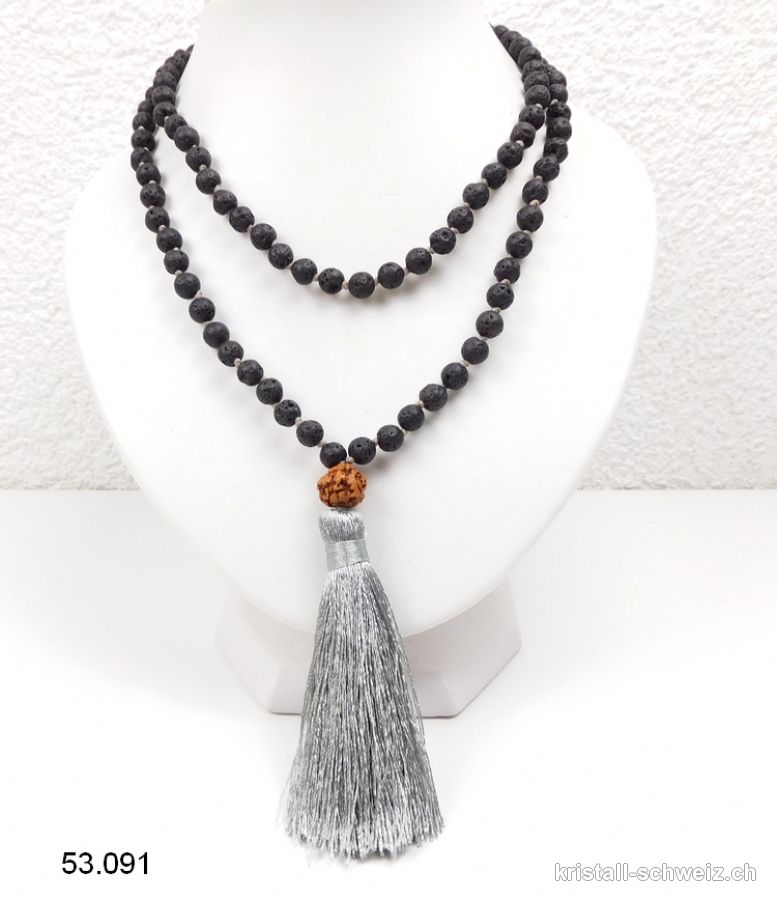 Halskette Lava Stein - Mala geknotet 108 Perlen / 80 cm, mit Rudraksha und silberne Quaste