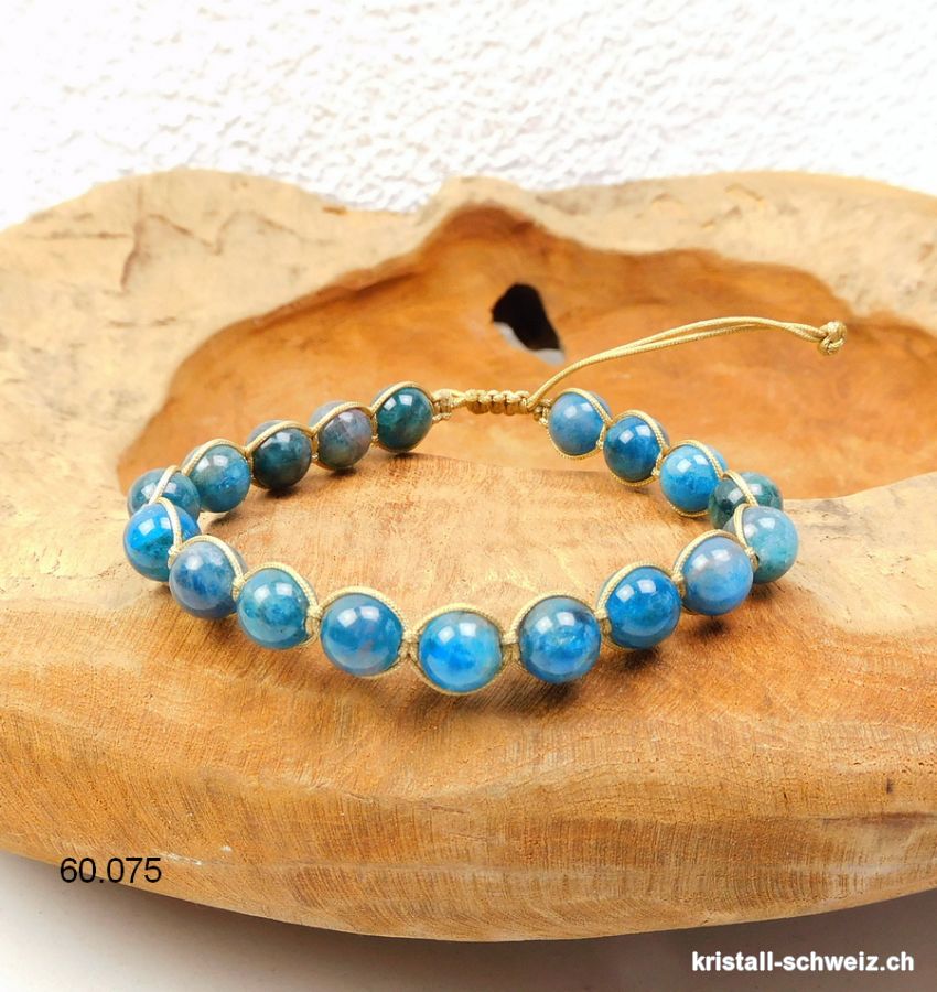 Armband Apatit blau 8 mm, mit verstellbarer goldener Satinschnur