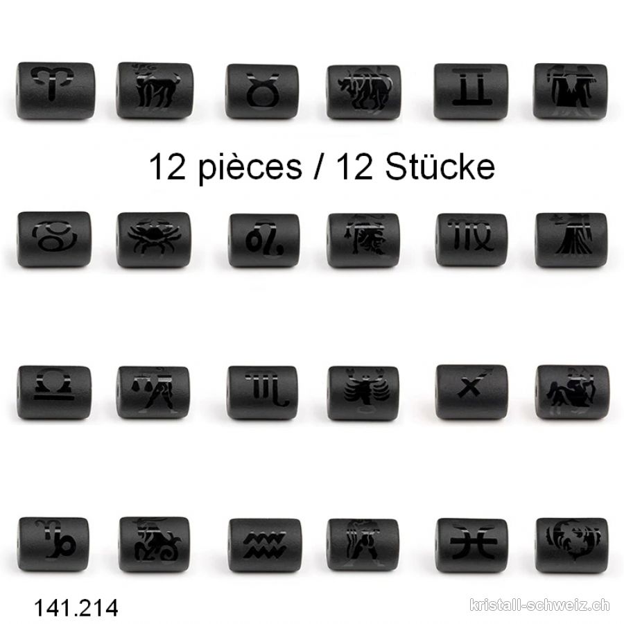 12 x Obsidian schwarz Röhren gebohrt 14 x 10 mm, 12 Sternzeichen