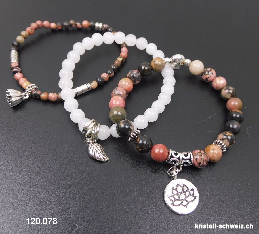 3 Armbänder BERUHIGUNG, Rhodonit u. Jade weiss. Sonderangebot