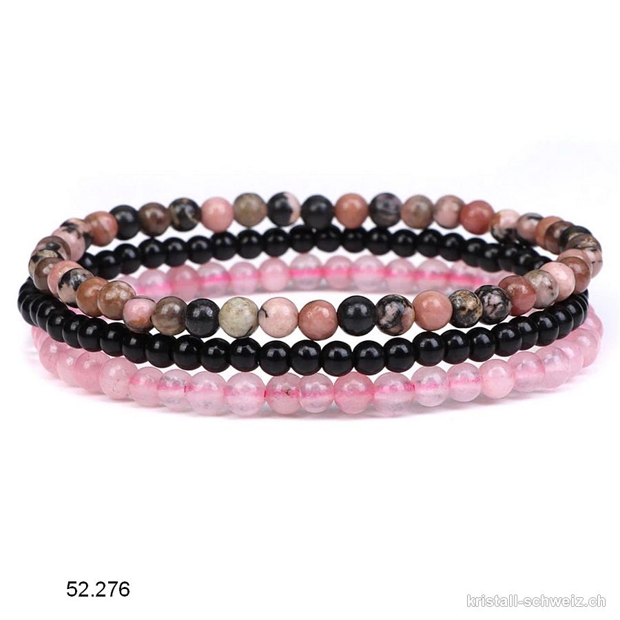 3 Armbänder EMOTIONALES GLEICHGEWICHT, Onyx schwarz, Rhodonit, Rosenquarz. Sonderangebot