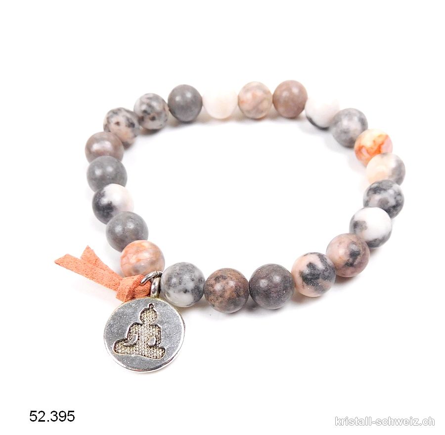 Armband Zebra Marmor grau u. rosa 8,5 mm / 18 - 19 cm. Mit Buddha Charm