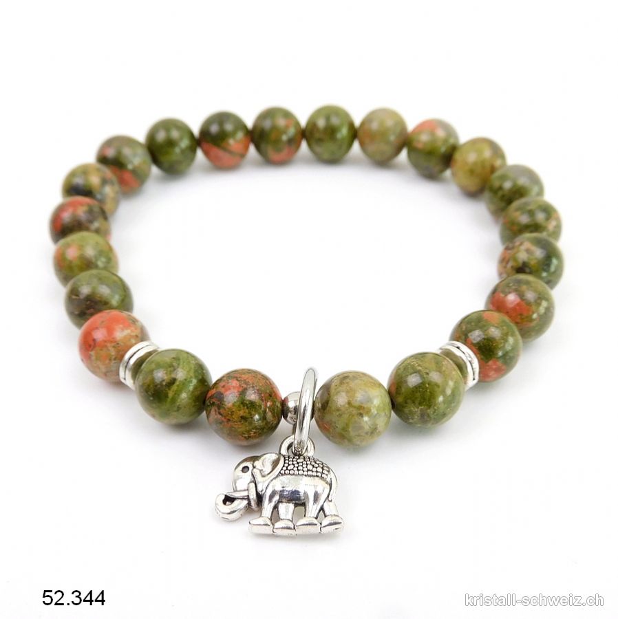 Armband Unakit - Epidot 8,5 mm / 19 cm. MIT ELEFANT. Sonderangebot