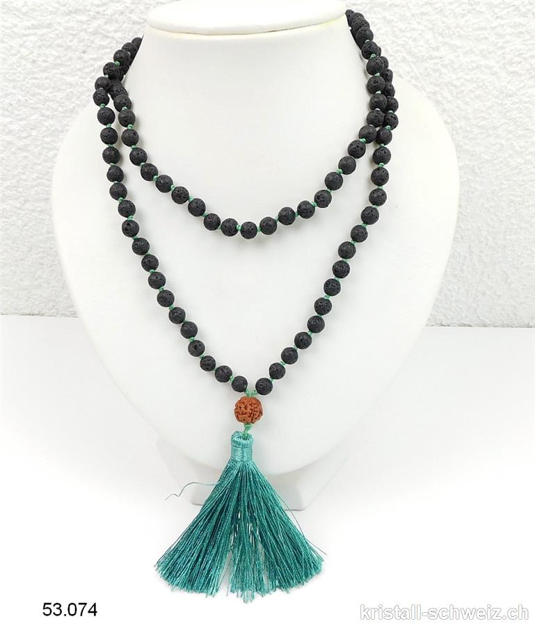 Halskette Lava Stein - Mala geknotet 108 Perlen / 80 cm, mit Rudraksha und grüne Quaste
