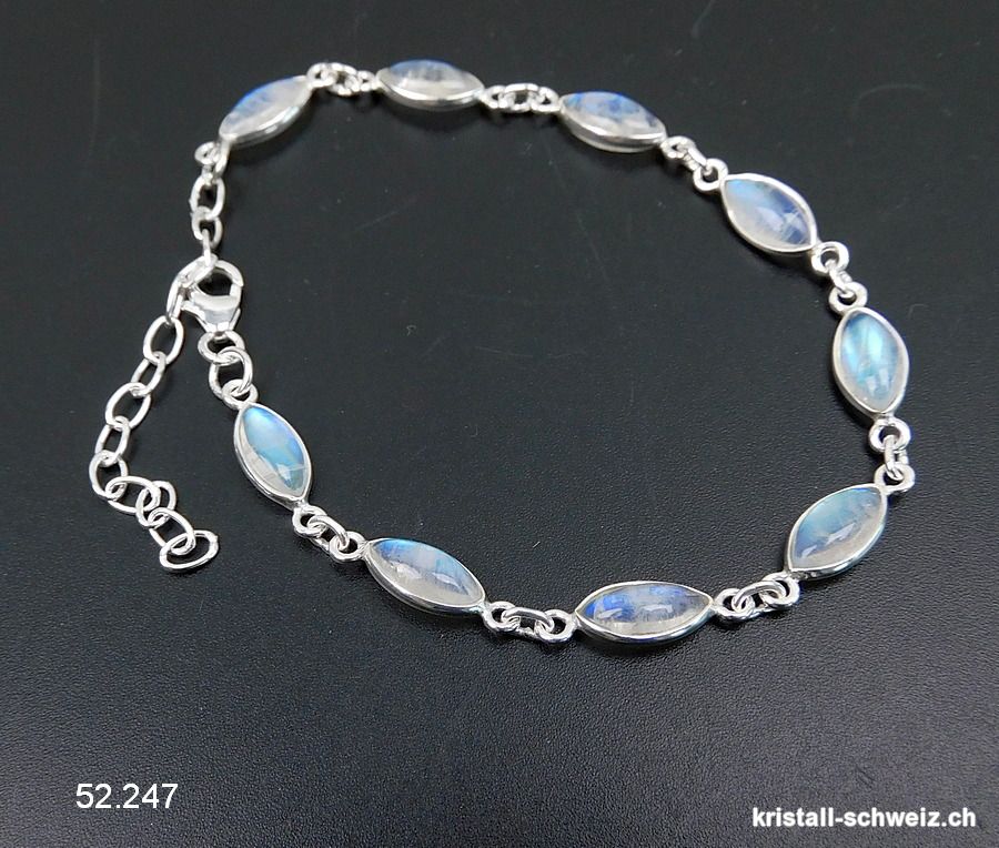 Armband Mondstein Regenbogen Navette aus 925 Silber. Verstellbar 17 - 20 cm