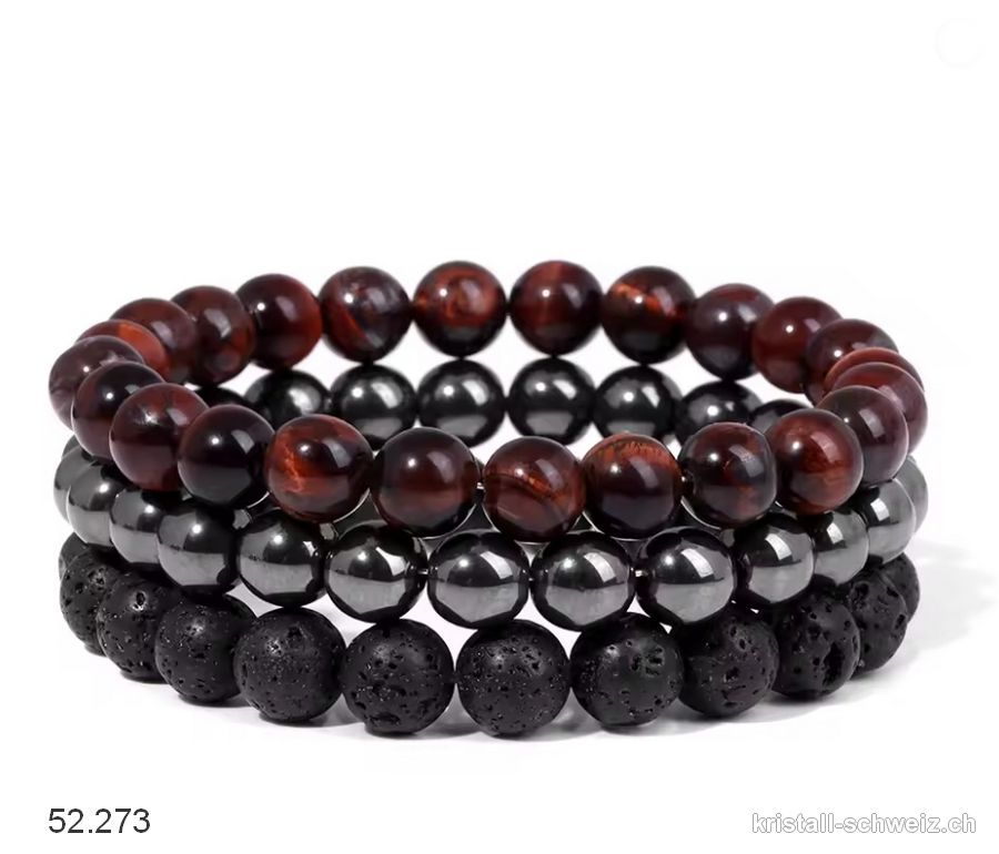 3 Armbänder VERANKERUNG und KRAFT - Tigerauge rot, Hämatit, Lava Stein