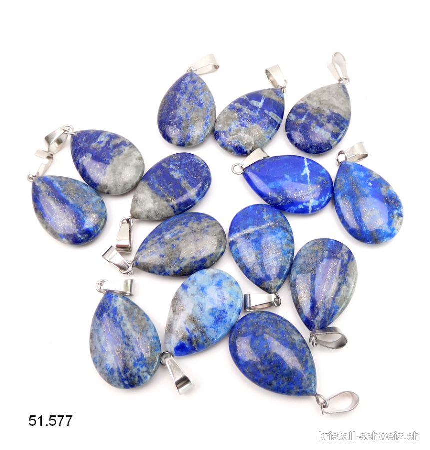 Anhänger Lapislazuli AB 2 cm, Tropfen flach mit Metallöse