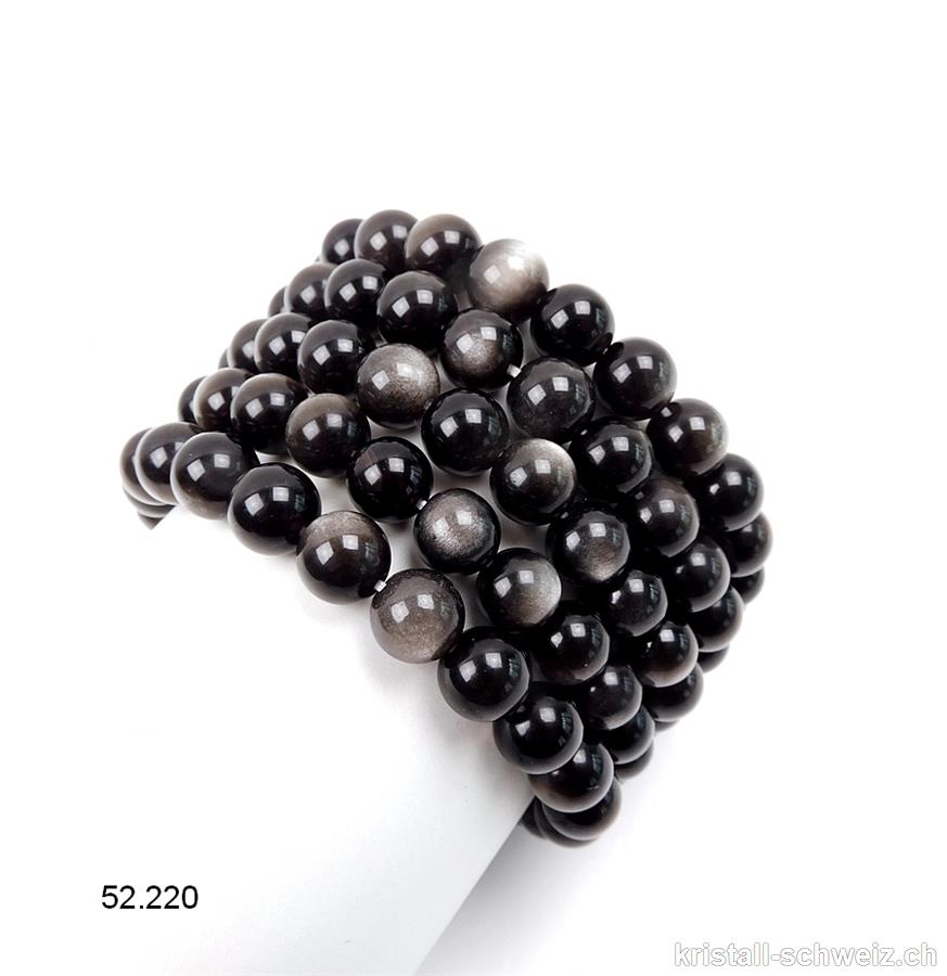 Armband Obsidian Silber 8 mm, elastisch 18,5 - 19 cm. Grösse M
