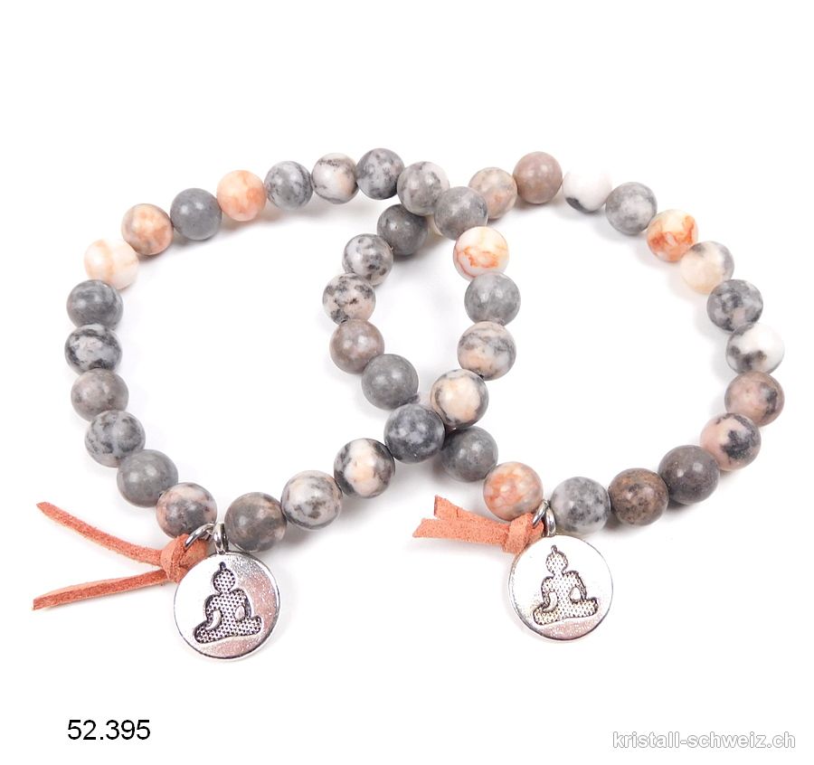 Armband Zebra Marmor grau u. rosa 8,5 mm / 18 - 19 cm. Mit Buddha Charm