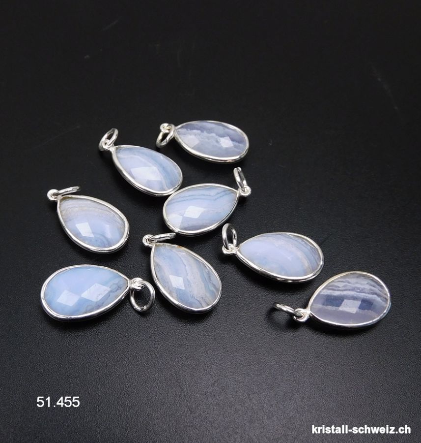 Anhänger Chalcedon blau, Tropfen facettiert aus 925 Silber