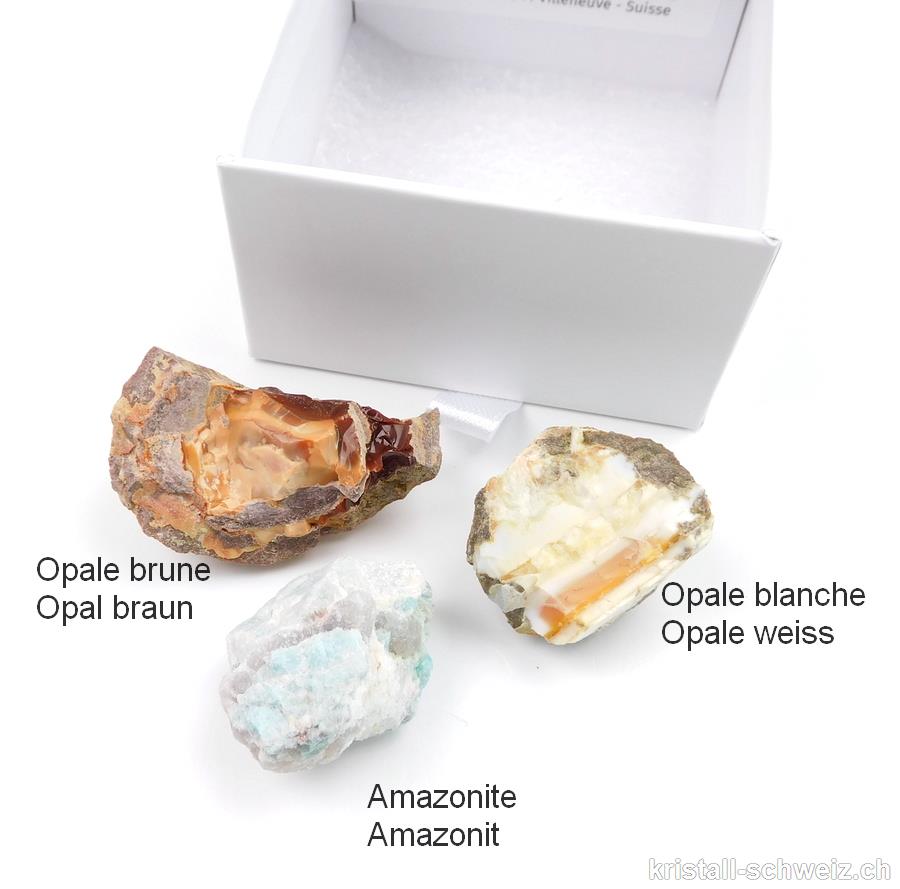 Entdeckungskiste mit 3 rohe Steinen, mit Opal