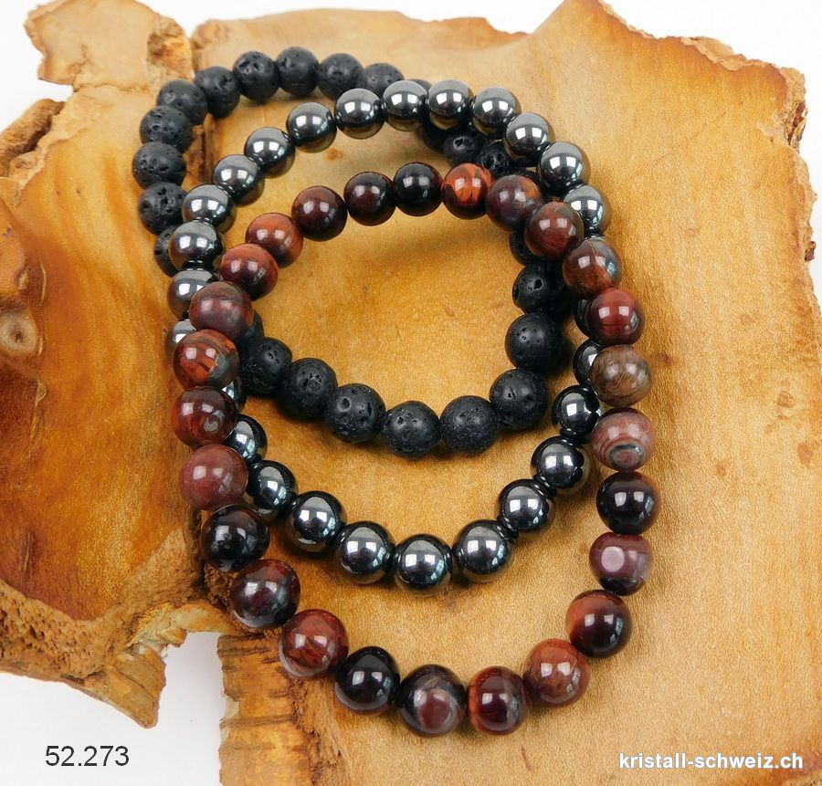 3 Armbänder VERANKERUNG und KRAFT - Tigerauge rot, Hämatit, Lava Stein