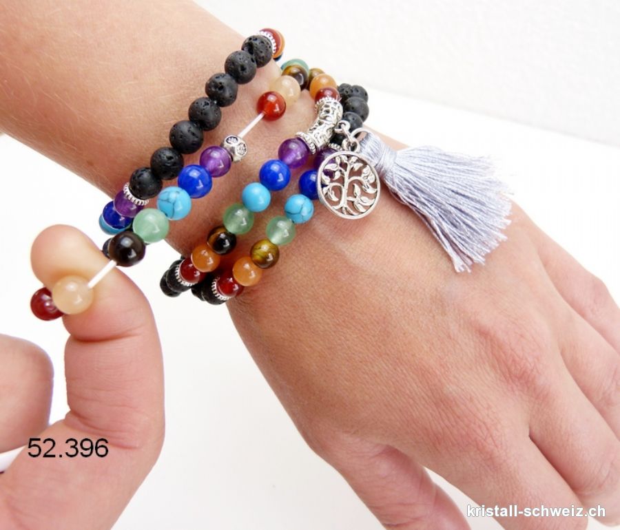 Armband Chakren und Lava, Mala elastisch mit Quaste und Baum des Lebens