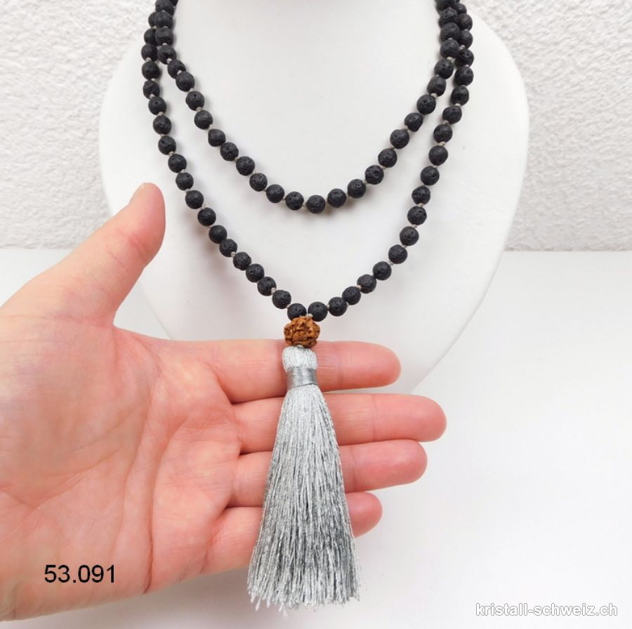 Halskette Lava Stein - Mala geknotet 108 Perlen / 80 cm, mit Rudraksha und silberne Quaste