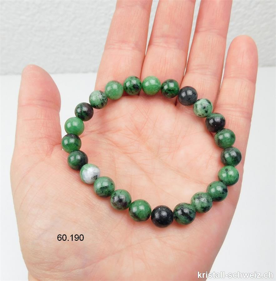 Armband grüner Zoisit mit Teil. Rubin 8 mm, elastisch 18,5 cm. SONDERANGEBOT