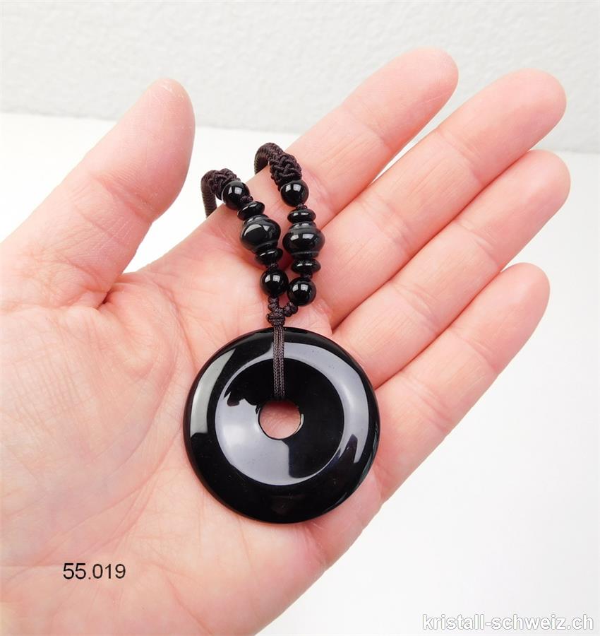 Halskette Donut Onyx schwarz 4 cm, mit Stoffschnur dunklebraun
