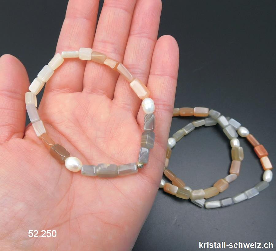 Armband Rechtecke Mondstein u. Perlen, elastisch ca. 20 cm. Größe XL