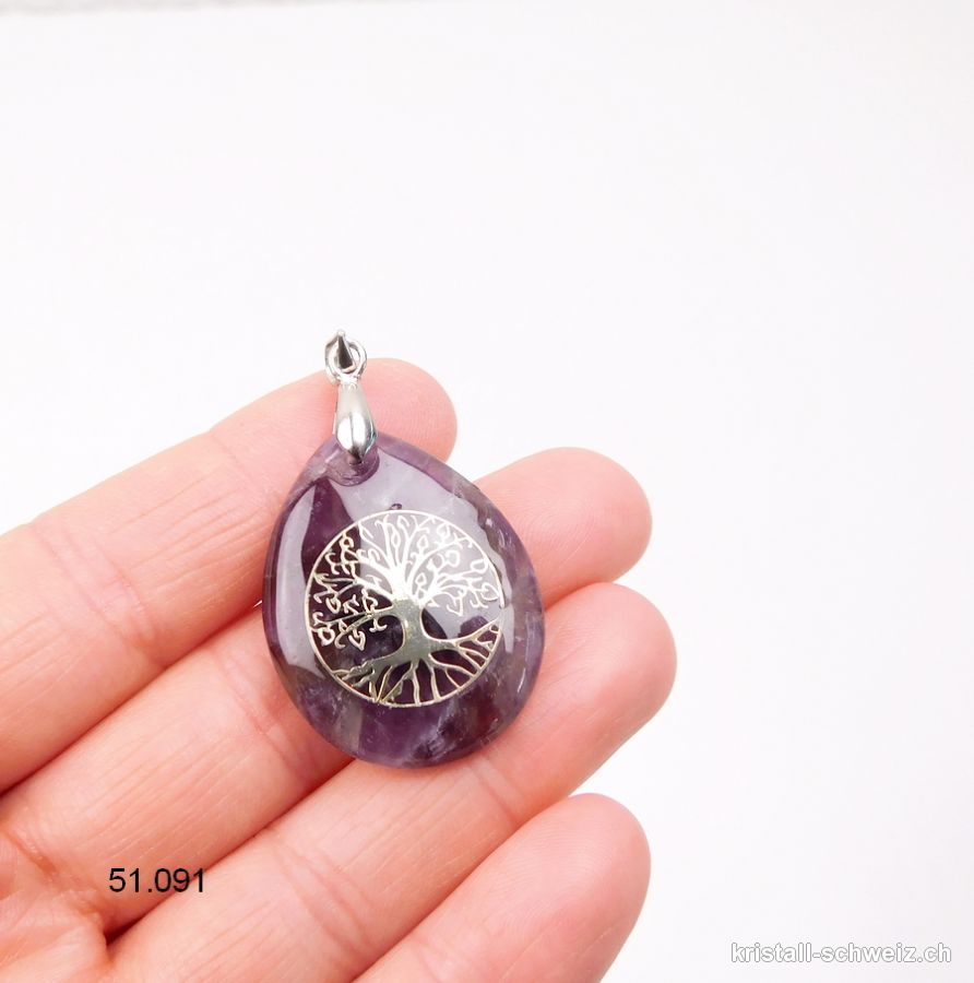 Anhänger Amethyst Tropfen mit Baum des Lebens 3 x 2,5 cm