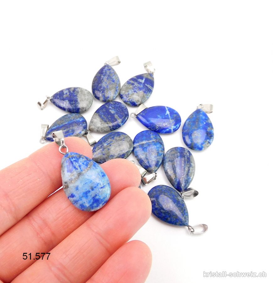 Anhänger Lapislazuli AB 2 cm, Tropfen flach mit Metallöse