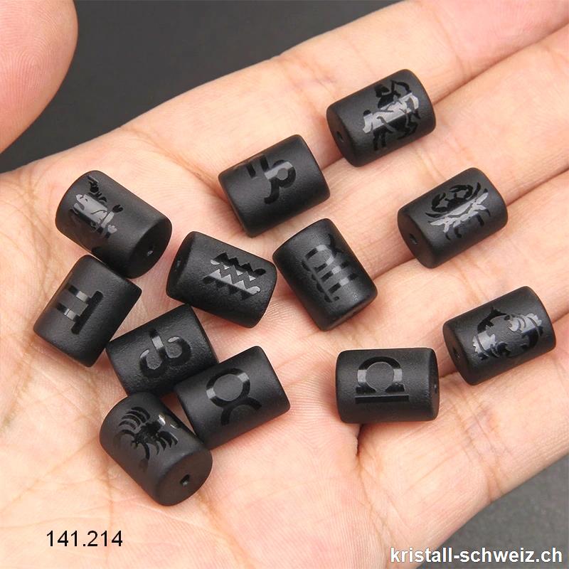 12 x Obsidian schwarz Röhren gebohrt 14 x 10 mm, 12 Sternzeichen