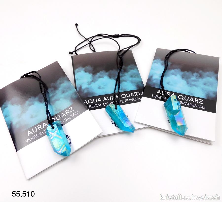 Aqua Aura - Aura-Quarz gebohrt 3 bis 4,5 cm mit verstellbarer Stoffkordel