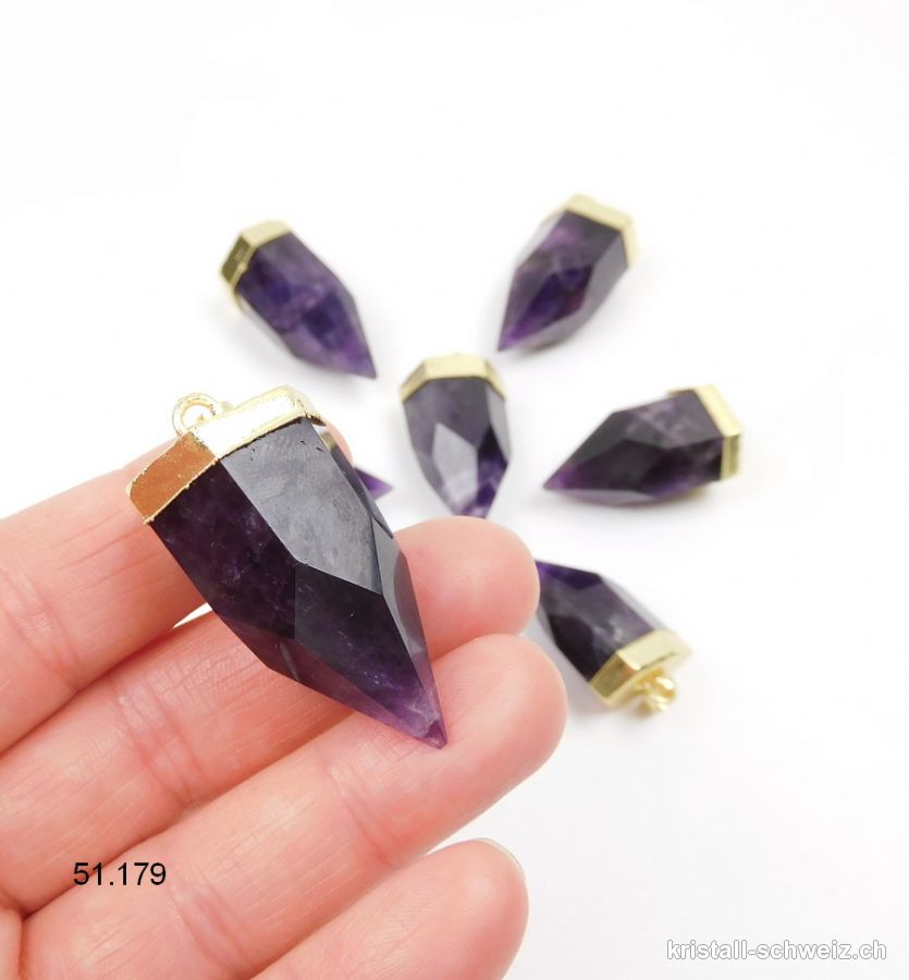 Anhänger Amethyst dunkel facettiert mit Metall vergoldet 3 - 3,5 cm