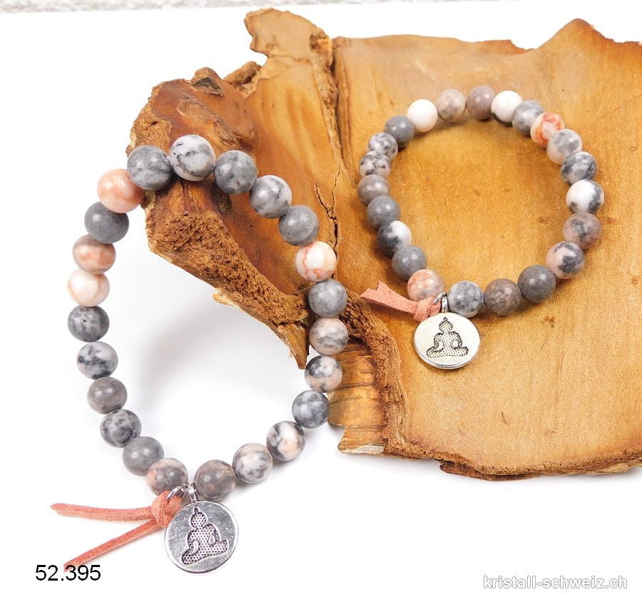 Armband Zebra Marmor grau u. rosa 8,5 mm / 18 - 19 cm. Mit Buddha Charm