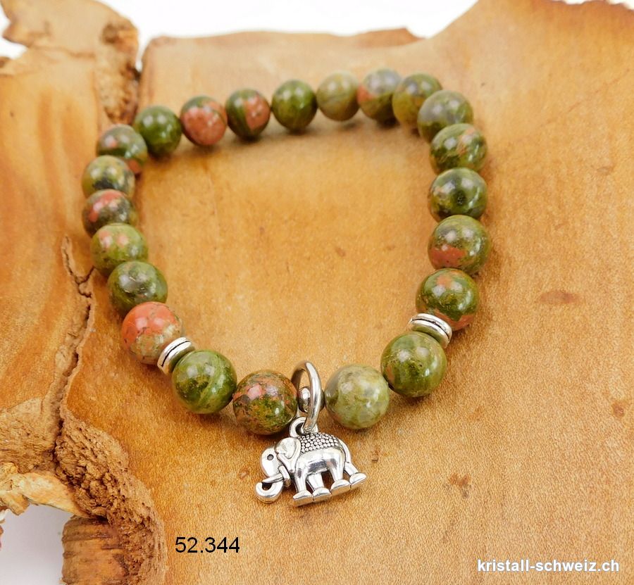 Armband Unakit - Epidot 8,5 mm / 19 cm. MIT ELEFANT. Sonderangebot