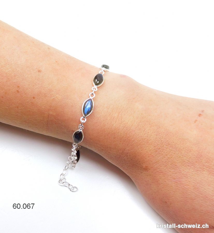 Armband Labradorit blau Navette aus 925 Silber. Verstellbar 17 - 20 cm