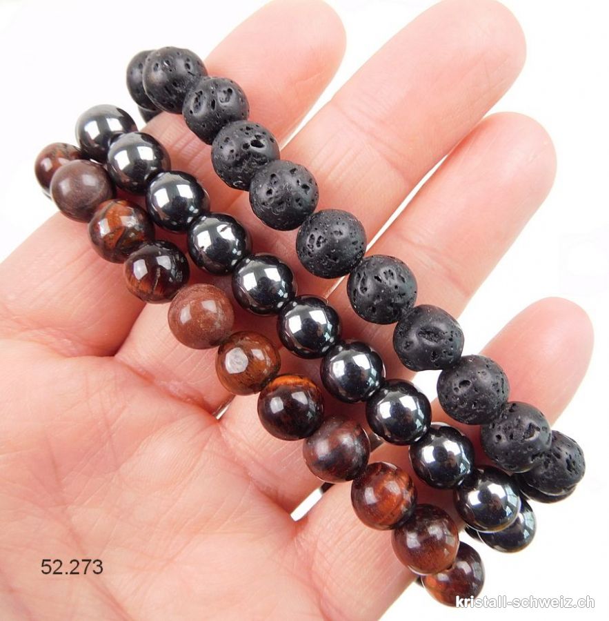 3 Armbänder VERANKERUNG und KRAFT - Tigerauge rot, Hämatit, Lava Stein