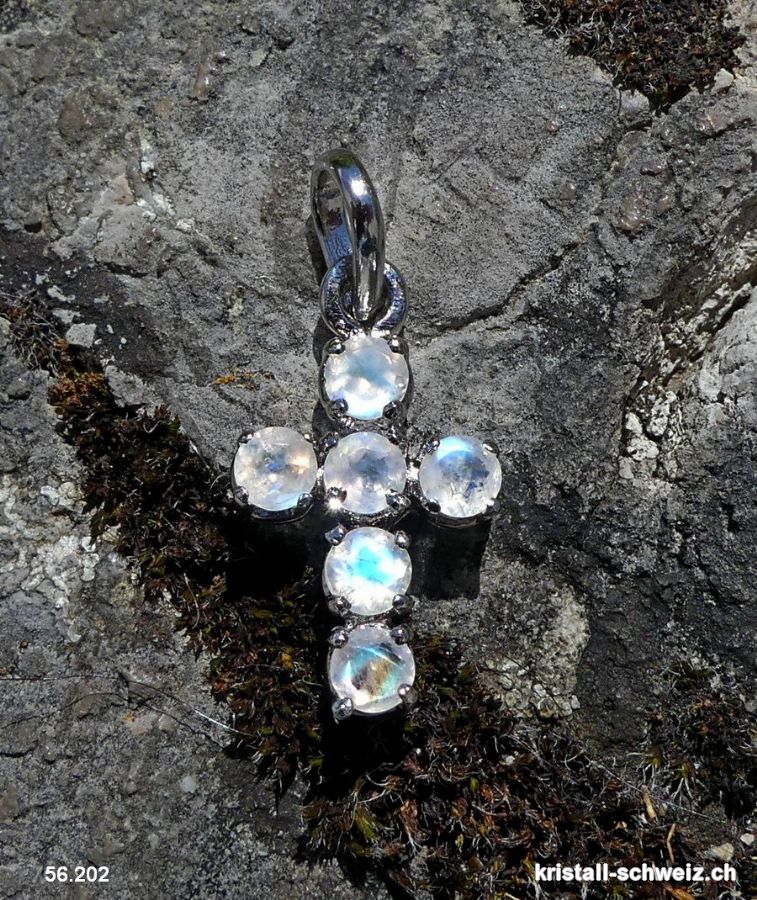  Anhänger kleine KREUZ Mondstein Regenbogen aus 925 Silber